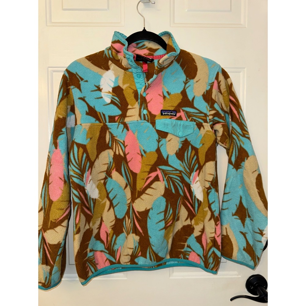 Patagonia Synchilla Snap-T Fleece Pullover Tropical Leaf Print Blue Pink Women M